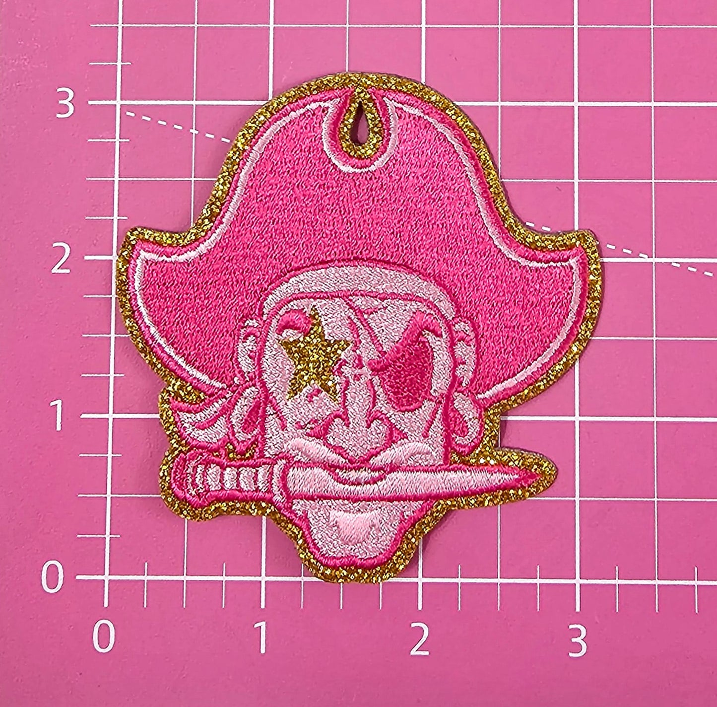Small Hot Pink Pirate Marauder Gold Glitter Mascot with Star Eyes Embroidery Iron On Patch