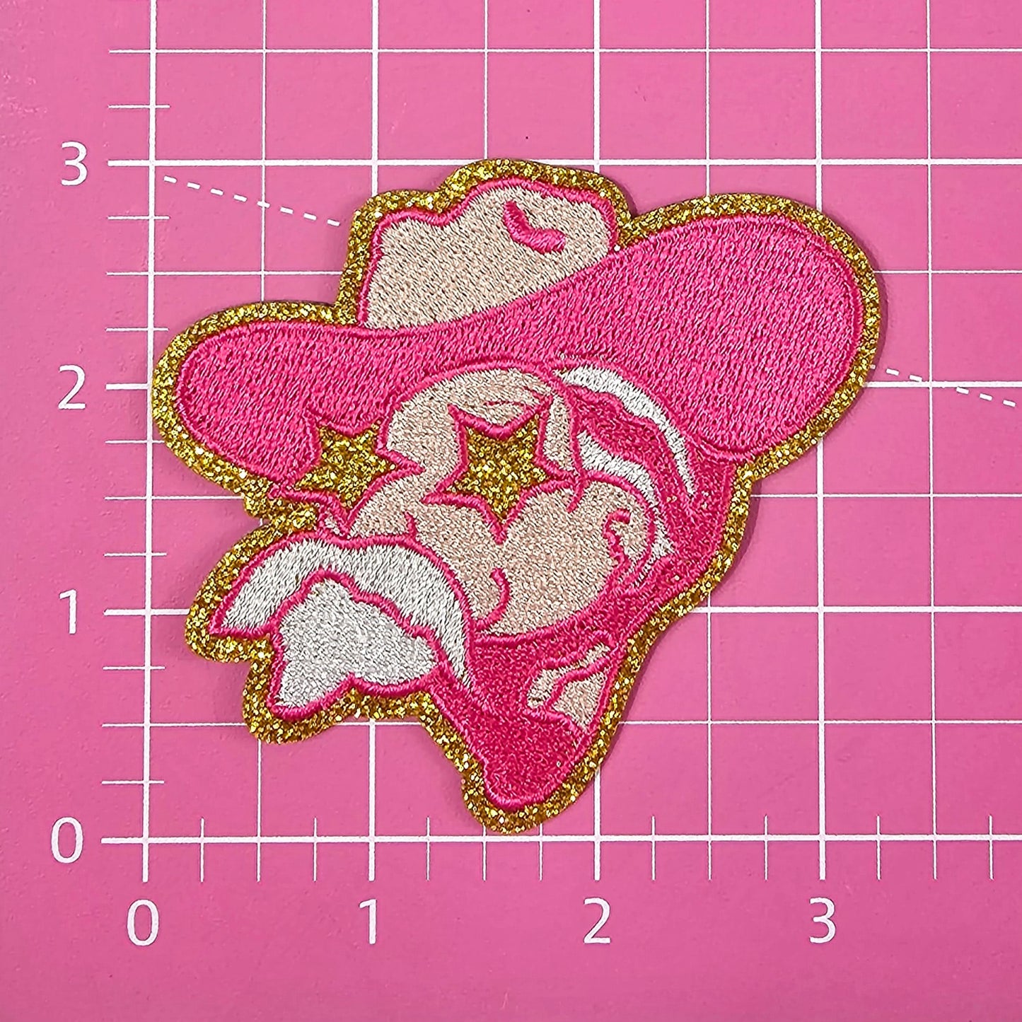 Small Hot Pink Colonel Cowboy Mascot with Star Eyes Chenille Iron-on Patch