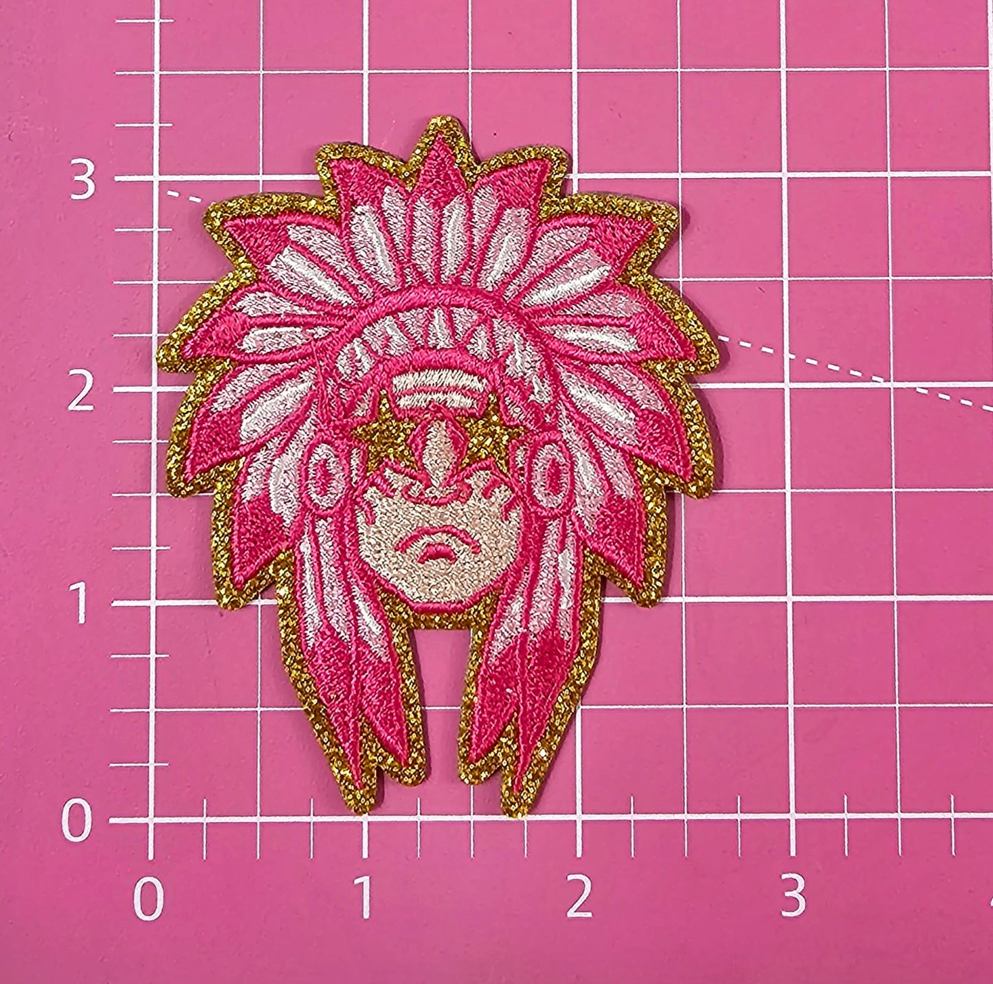 Small Hot Pink Indian Chief Gold Glitter Mascot with Star Eyes Embroidery Iron On Patch