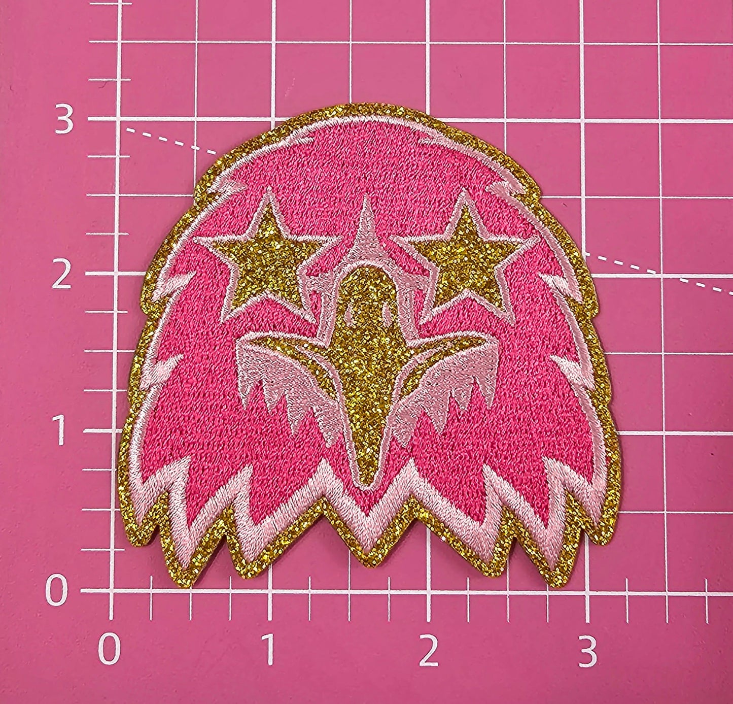 Small Hot Pink Eagle Gold Glitter Mascot with Star Eyes Embroidery Iron On Patch