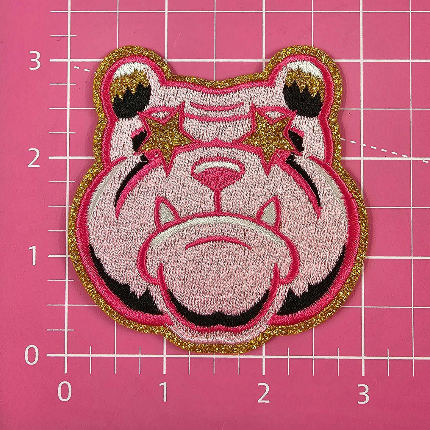 Small Hot Pink Bulldog Gold Glitter Mascot with Star Eyes Embroidery Iron On Patch
