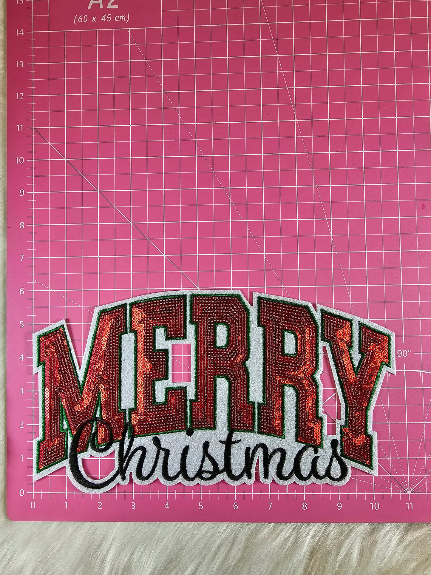 Merry Christmas Red Sequin on White Felt Iron-on Patch