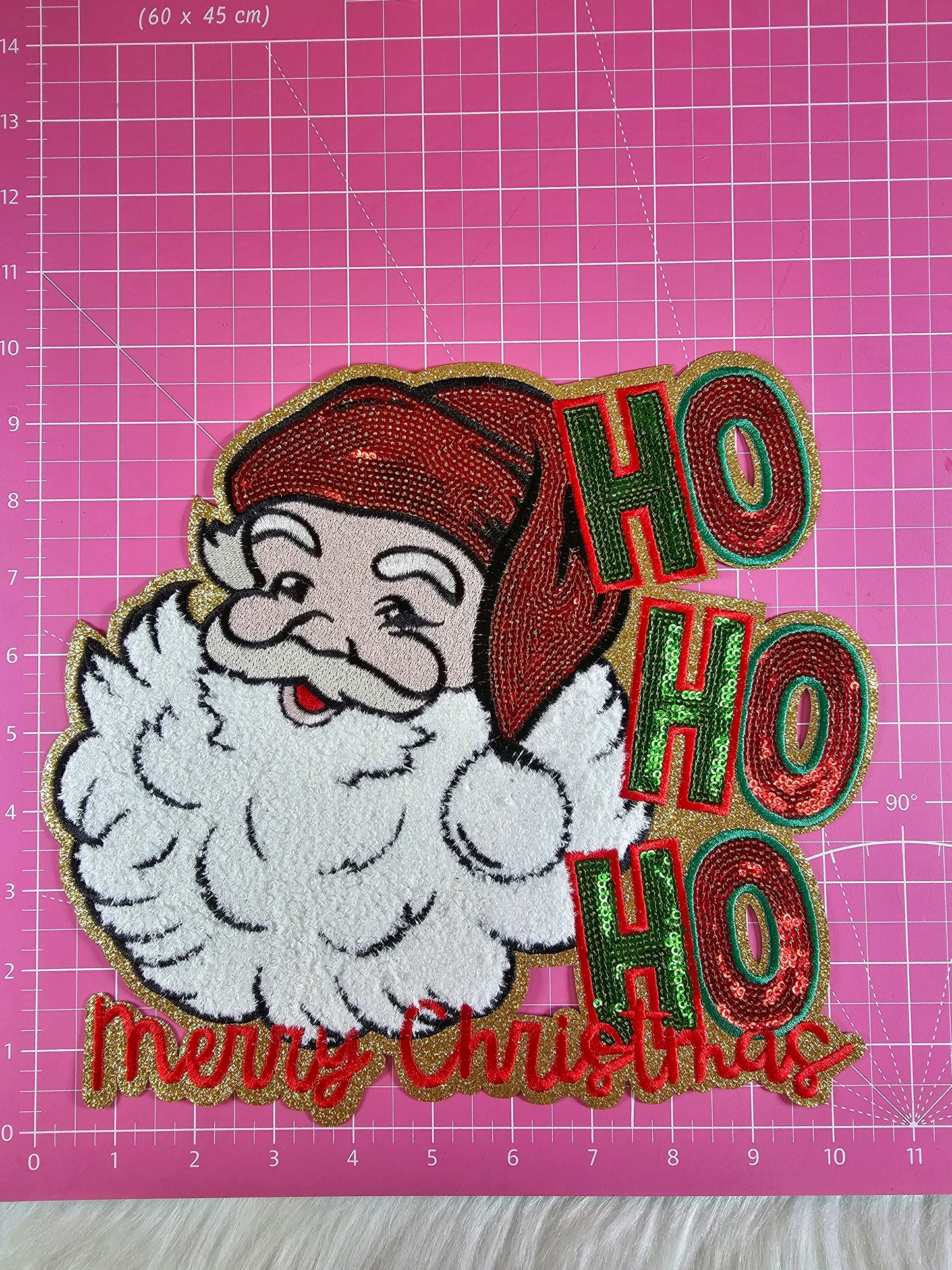 HO HO HO Santa Large Sequin and Chenille Gold Glitter Iron-on Patch