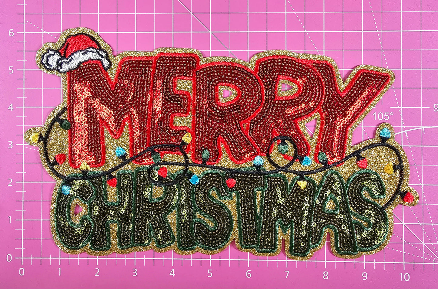 Merry Christmas Lights Red Sequin on Gold Glitter Iron-on Patch