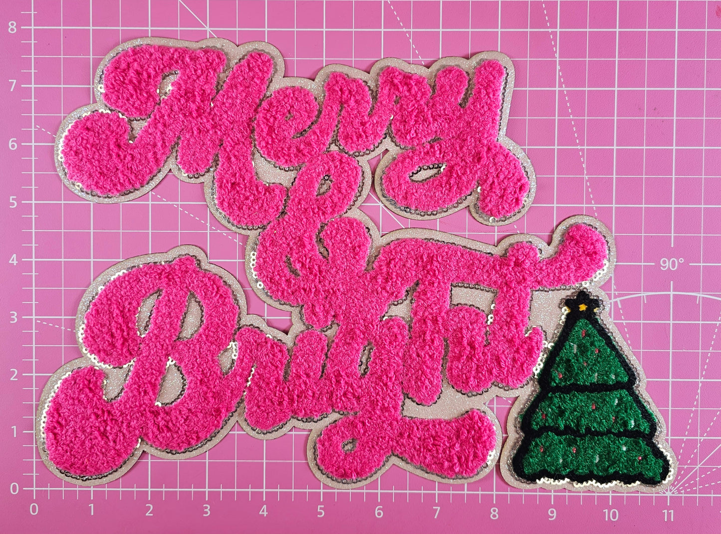 Hot Pink Merry Bright Christmas Tree on White Glitter Iron-on Patch