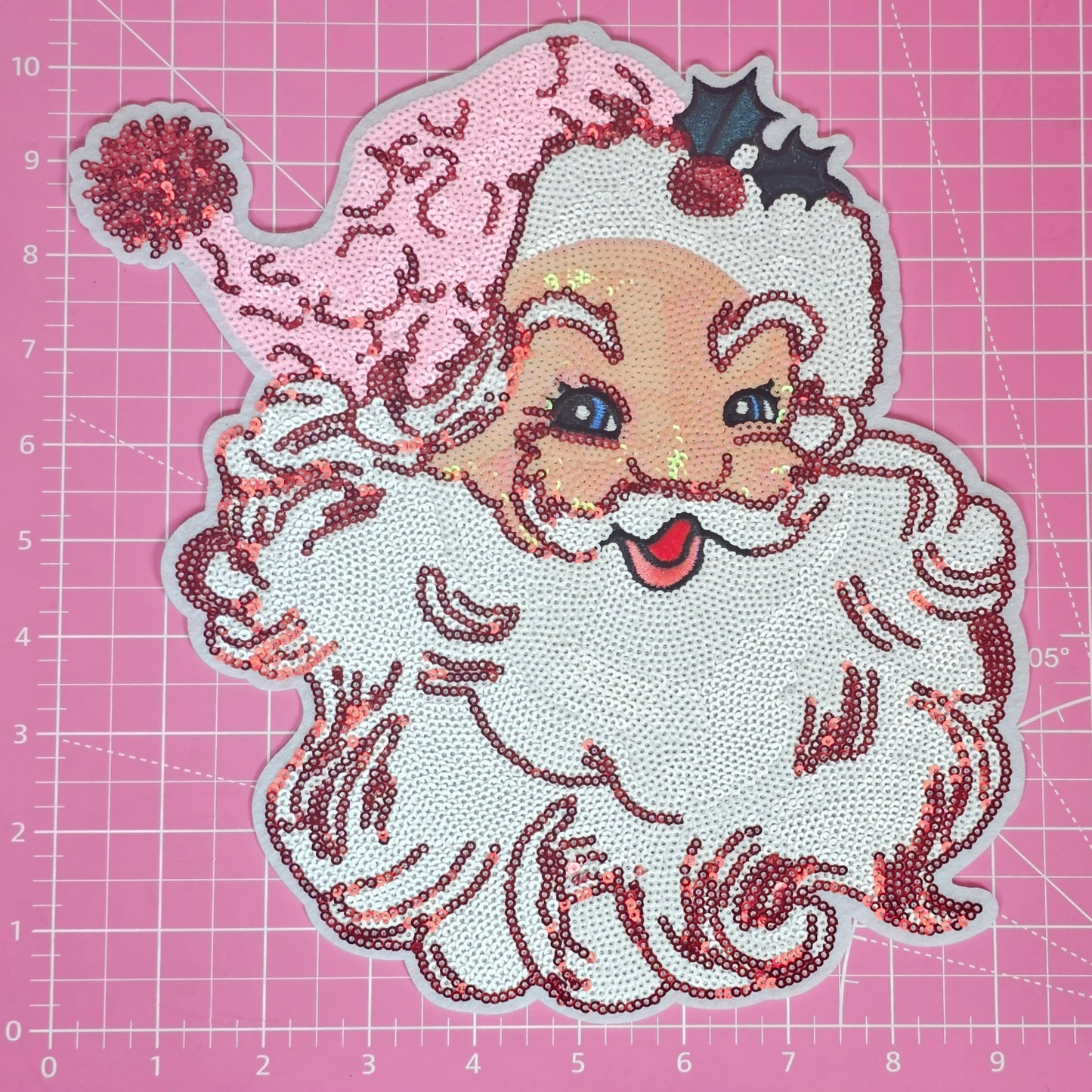 Pink Hat Retro Santa Large Sequin Iron-on Patch