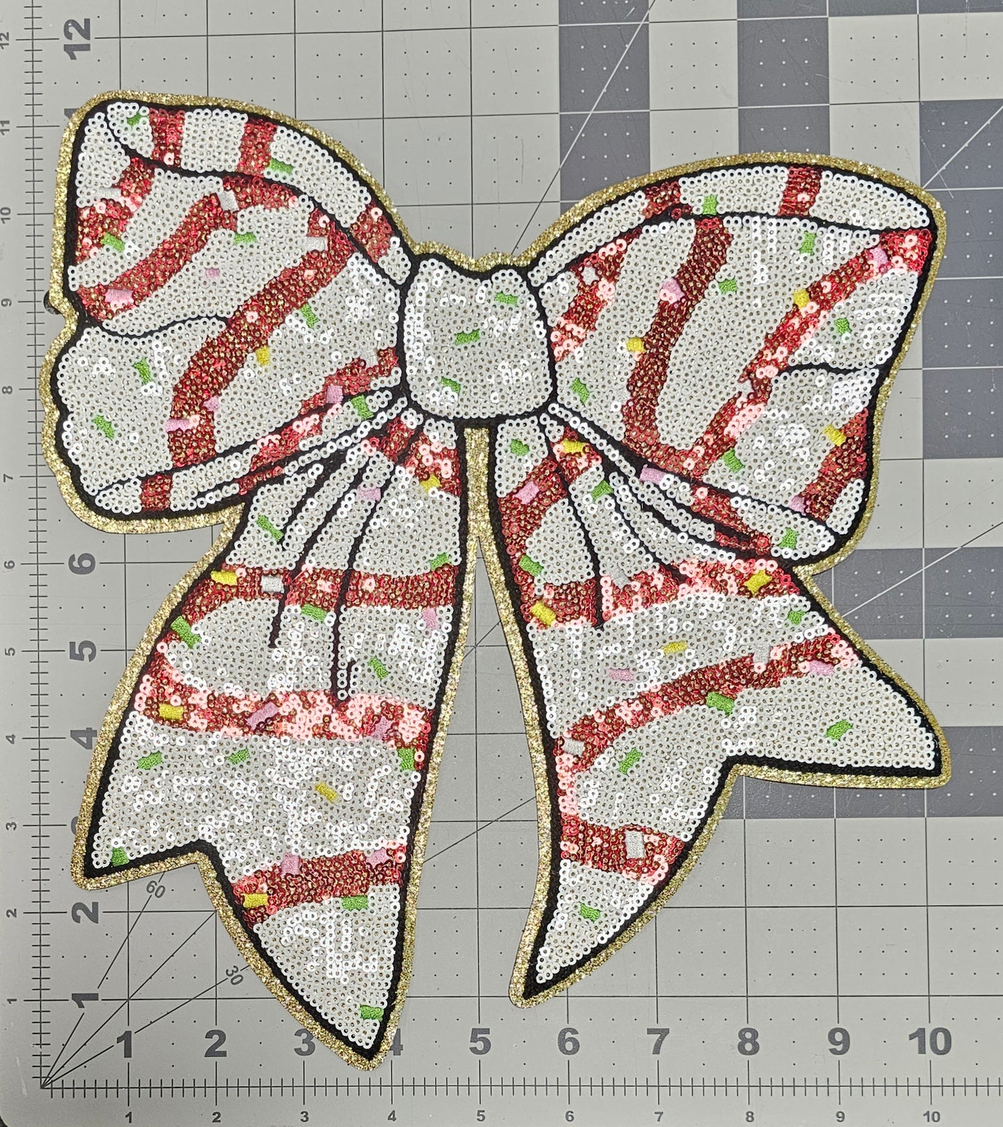 Little Deb Red Christmas Bow Sequin Iron Patch with Gold Glitter