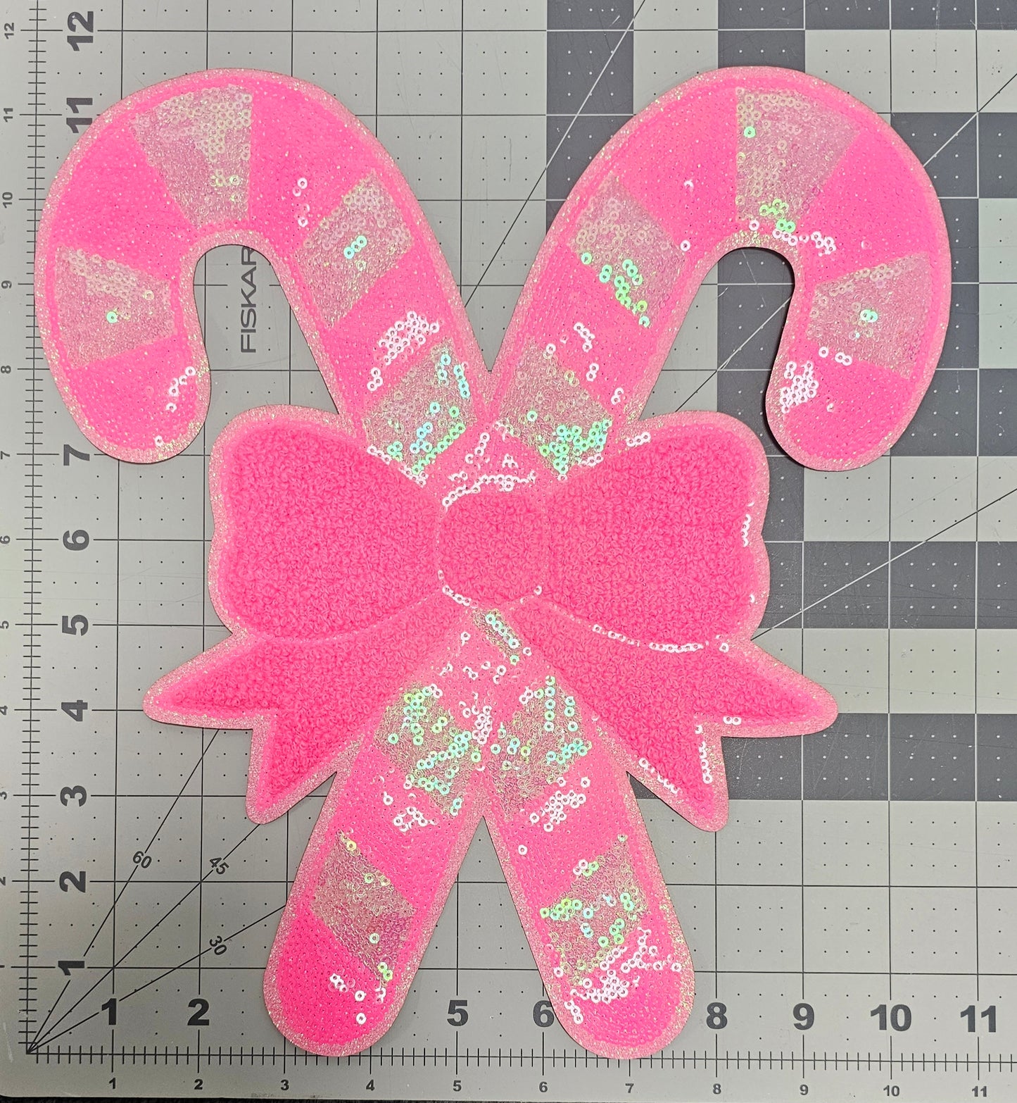 Pink Candy Cane Sequin Chenille Bow Pink Glitter Iron On Patch
