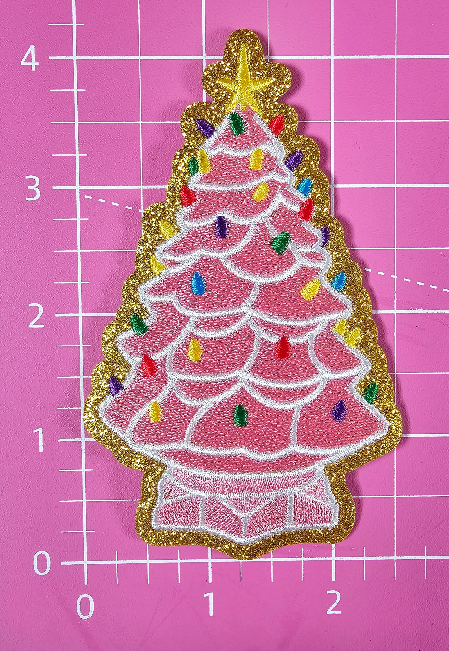 Christmas Porcelain Pink Tree Gold Glitter Iron-on Patch
