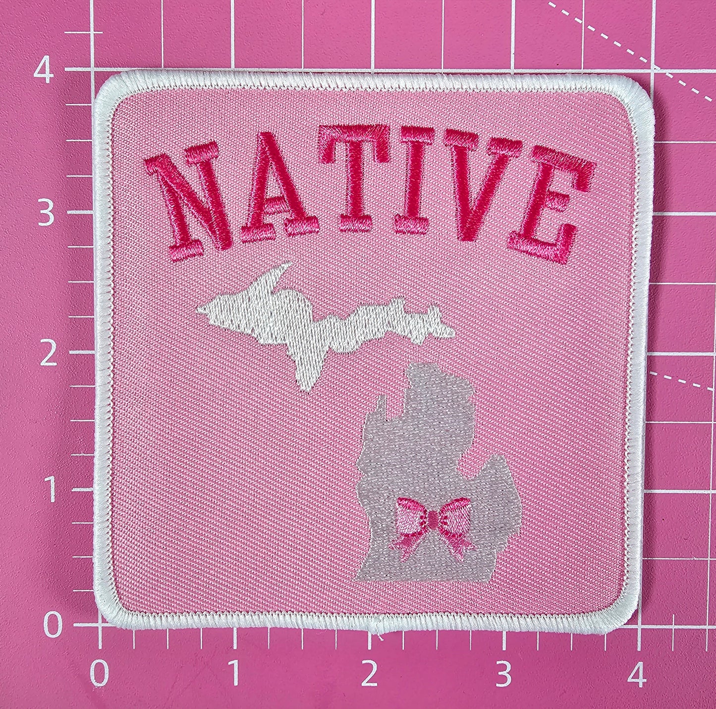 Michigan Native Pink Bow Embroidery Iron On Patch