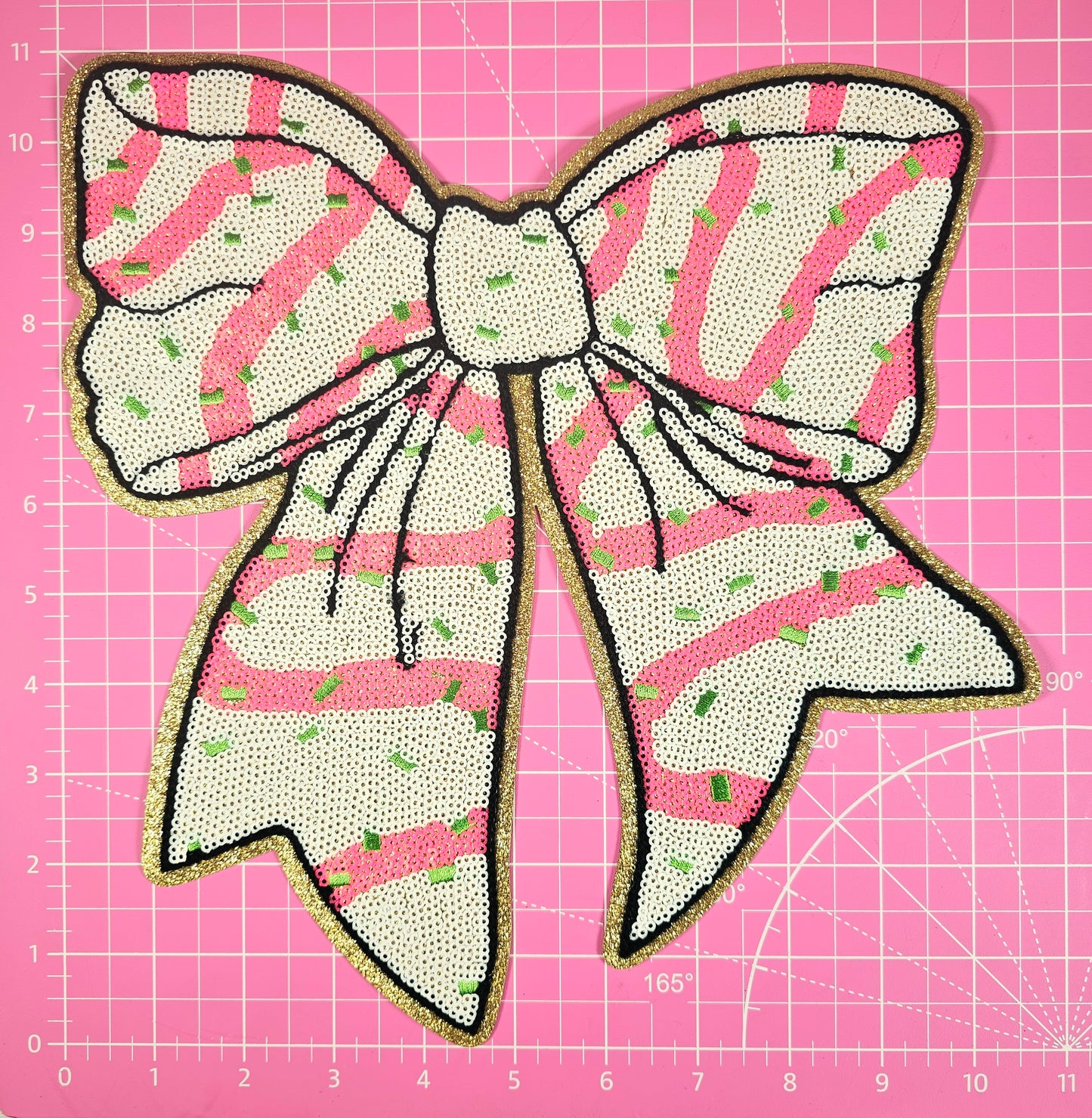 Little Deb Pink Christmas Bow Sequin Iron Patch with Gold Glitter