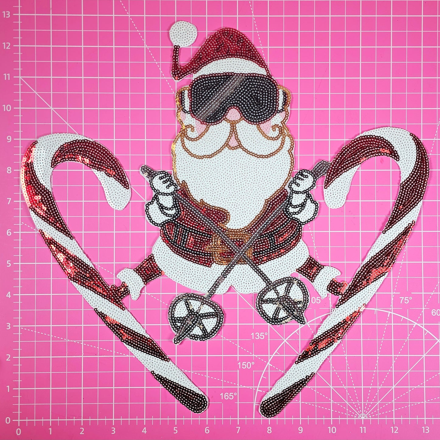 XL Santa Candy Cane Ski Sunglasses Full Sequin Iron-on Patch