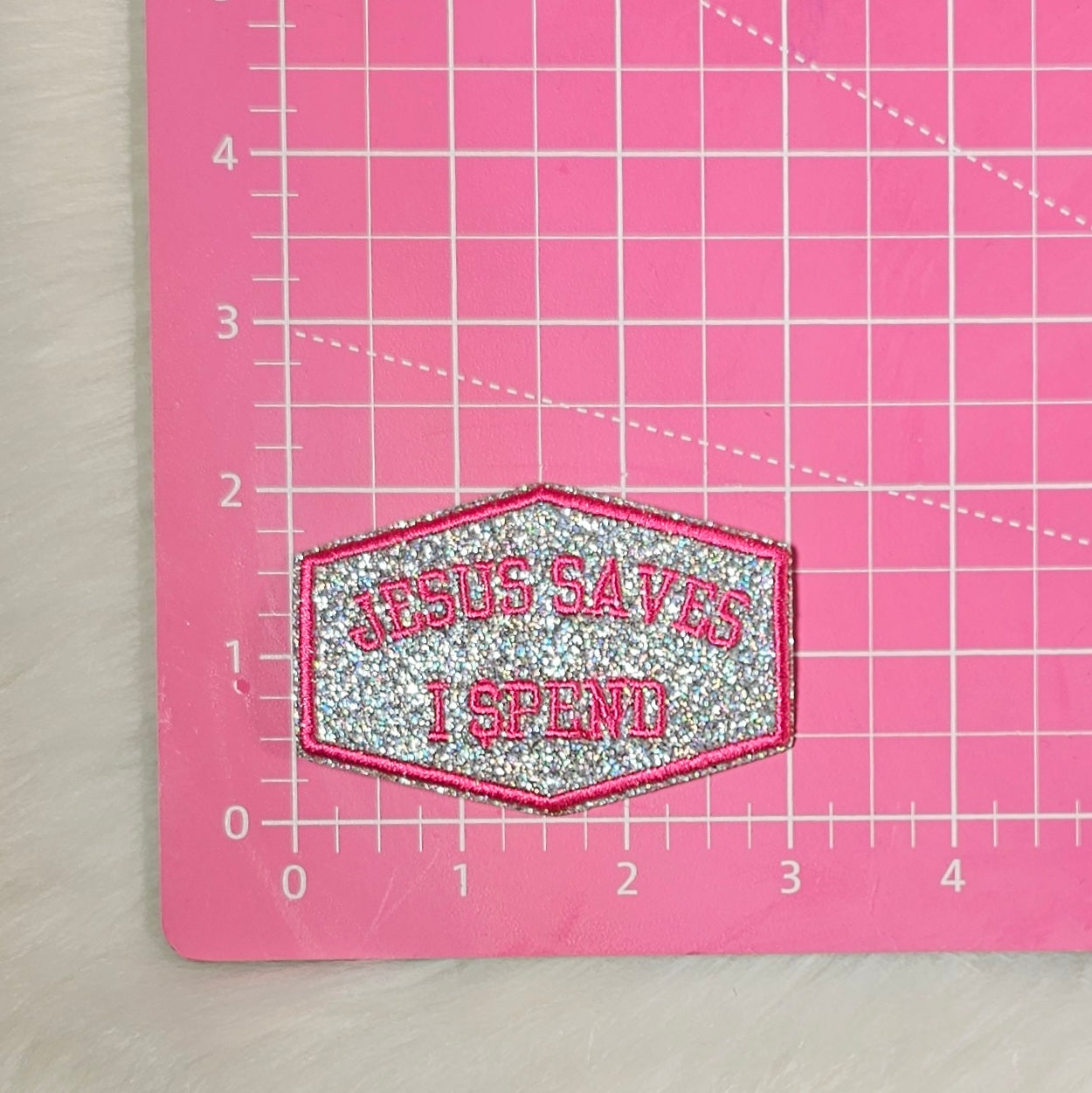 Jesus Saves I Spend Pink Embroidery on Holographic Glitter Iron On Patch