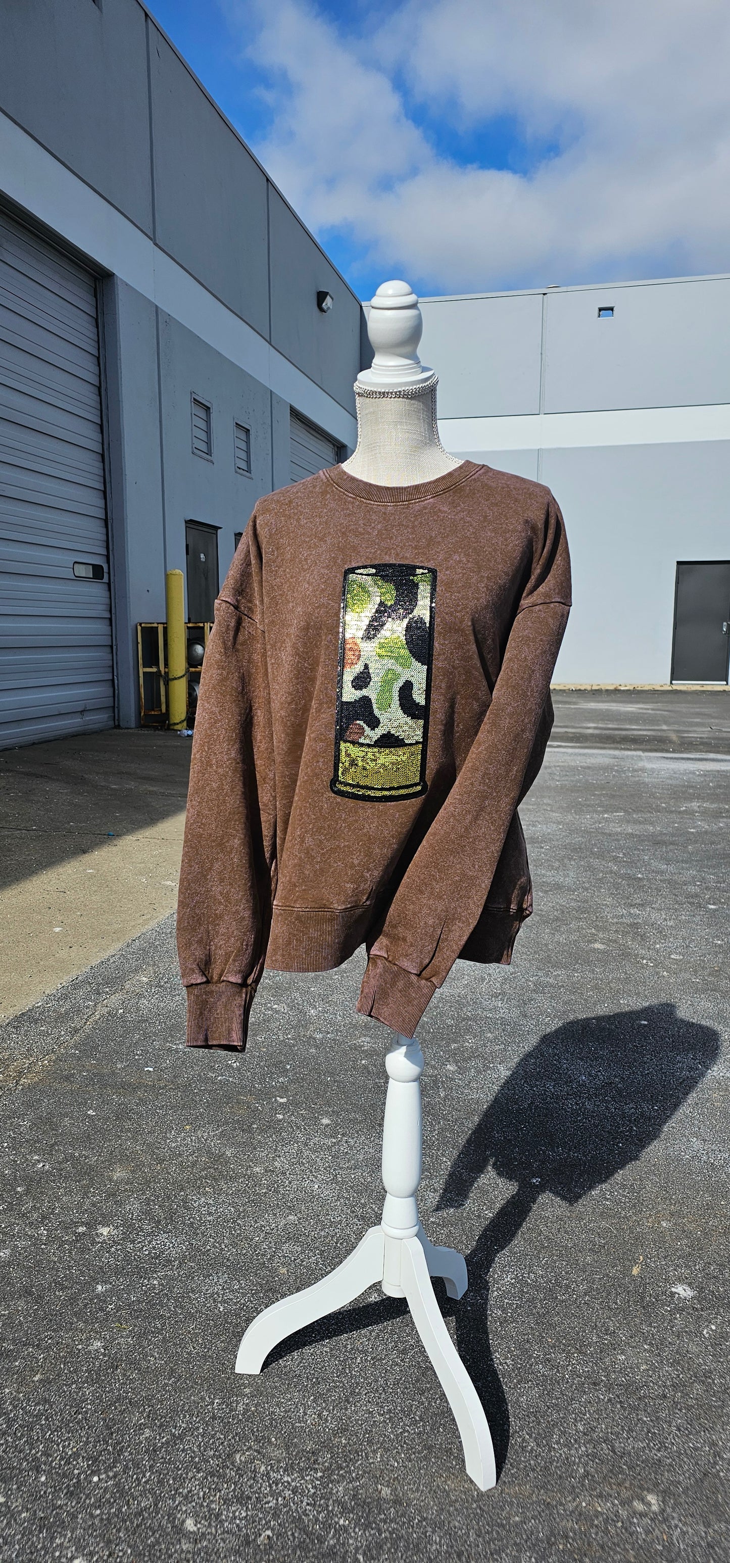 Camo Shotgun Shell Sequin Patch Acid Wash Crewneck by Pretty Preppy Co.