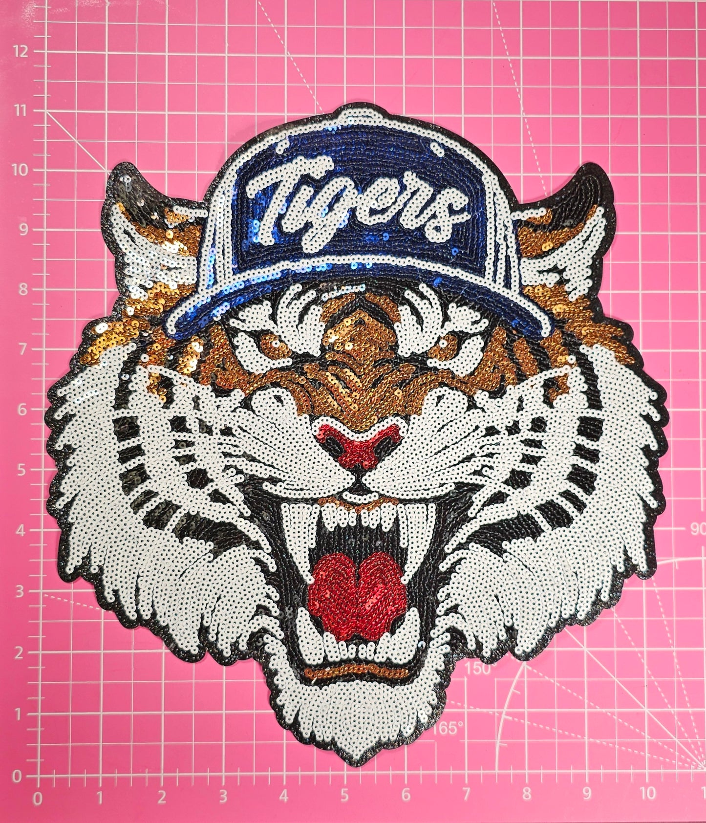 Tigers Mascot with Hat Sequin on Black Glitter Large Iron On Patch