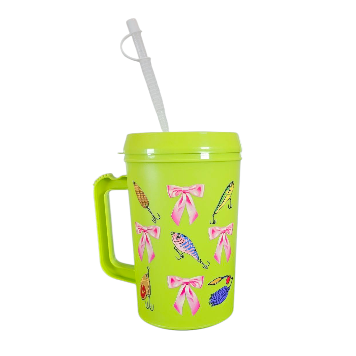 drinking straw fishing lure Girly Fishing Lures Pink Bows Mega Trucker Mug 34oz – Scratch Decor
