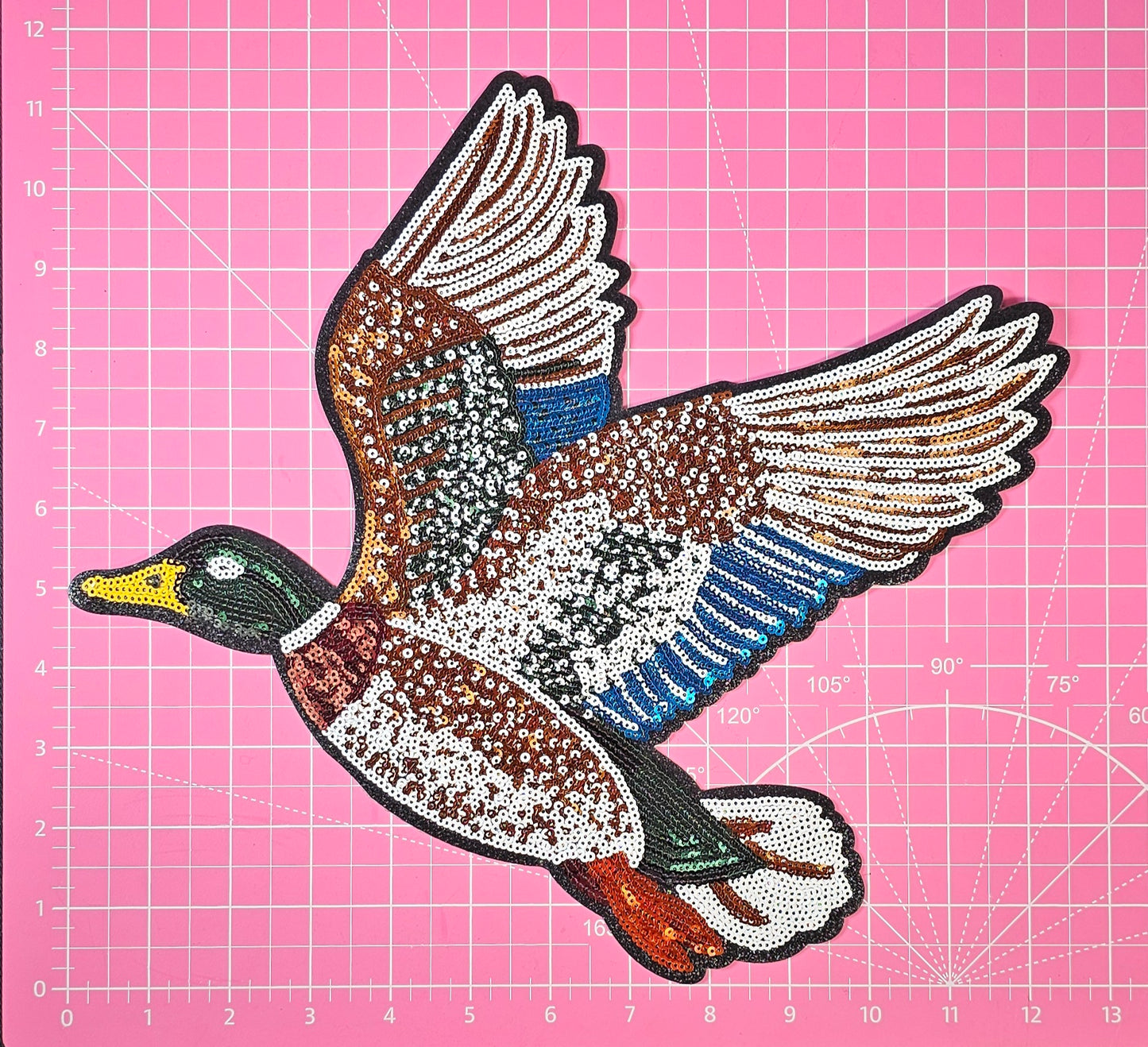 Flying Mallard Duck Hunt Sequin Glitter Large Iron-on Patch