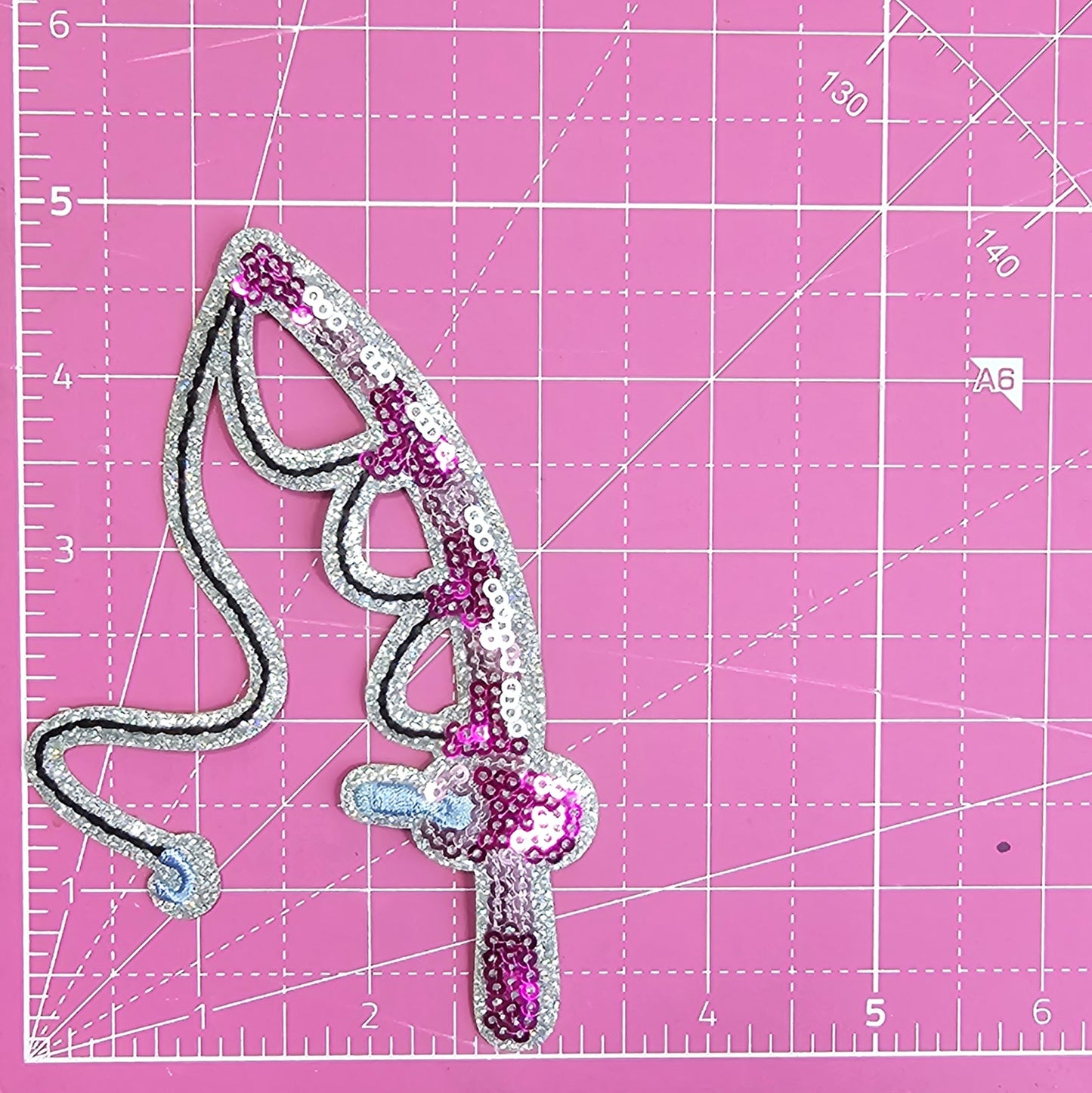 Pink Fishing Pole Rod Sequin Silver Glitter Iron On Patch