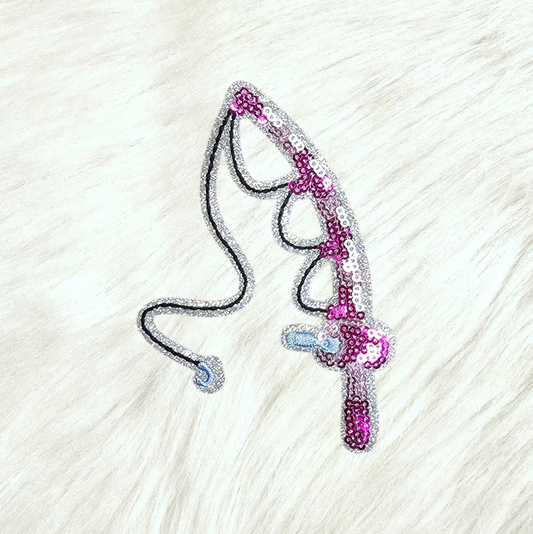 Pink Fishing Pole Rod Sequin Silver Glitter Iron On Patch