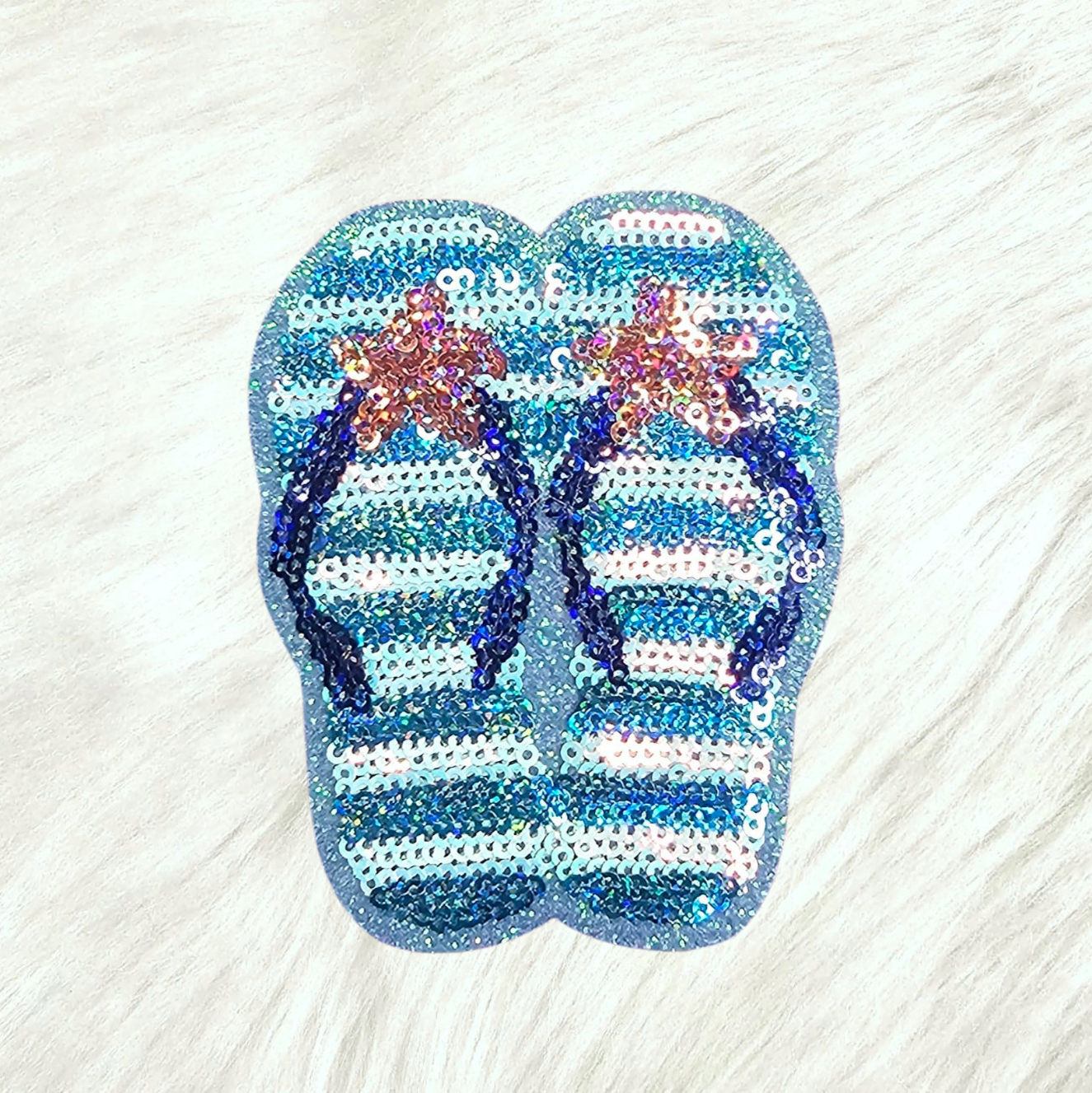 Sandals Flip Flop Sequin Blue Glitter Iron On Patch