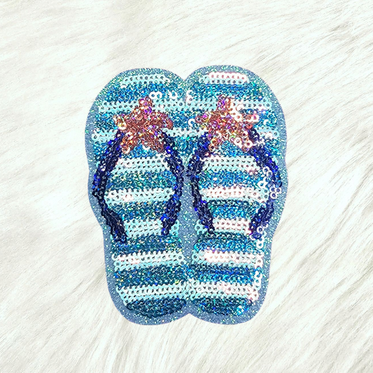 Sandals Flip Flop Sequin Blue Glitter Iron On Patch