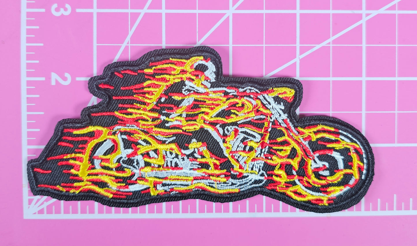 Biker Skeleton Flames Race Embroidery Iron On Patch