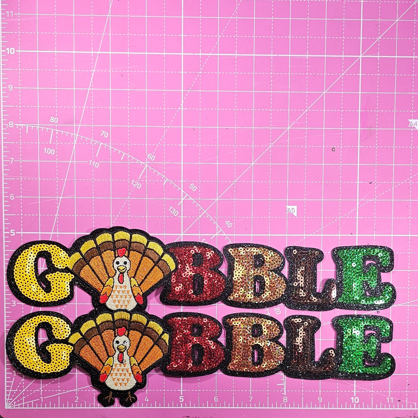 Gobble Gobble Turkey Sequin on Glitter Large Iron on Patch