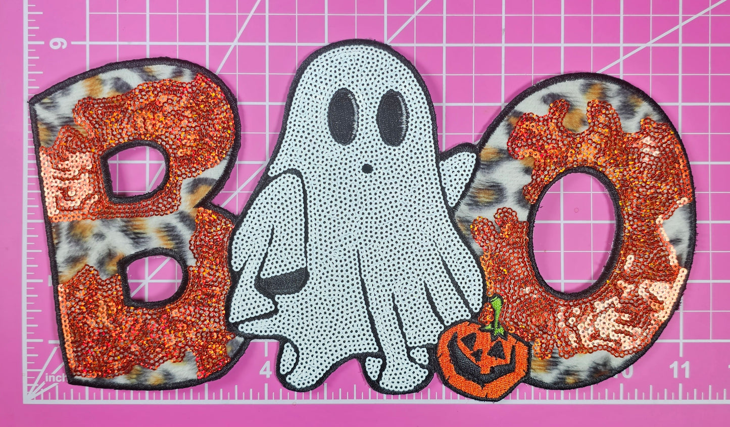 Boo Halloween Ghost Cheetah Fur Sequin Glitter Large Iron on Patch