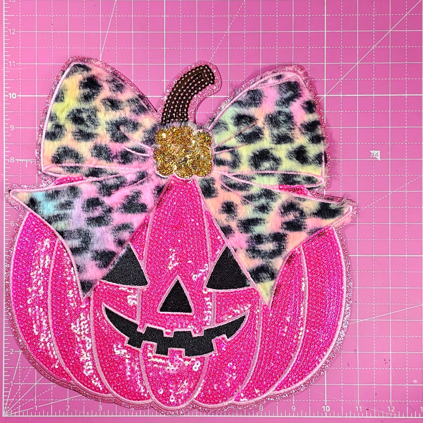 Pink Leopard Bow Pumpkin Sequin on Glitter Large Iron on Patch