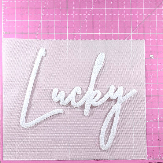 LUCKY Cursive White Fluffy Fuzzy Transfer Patch