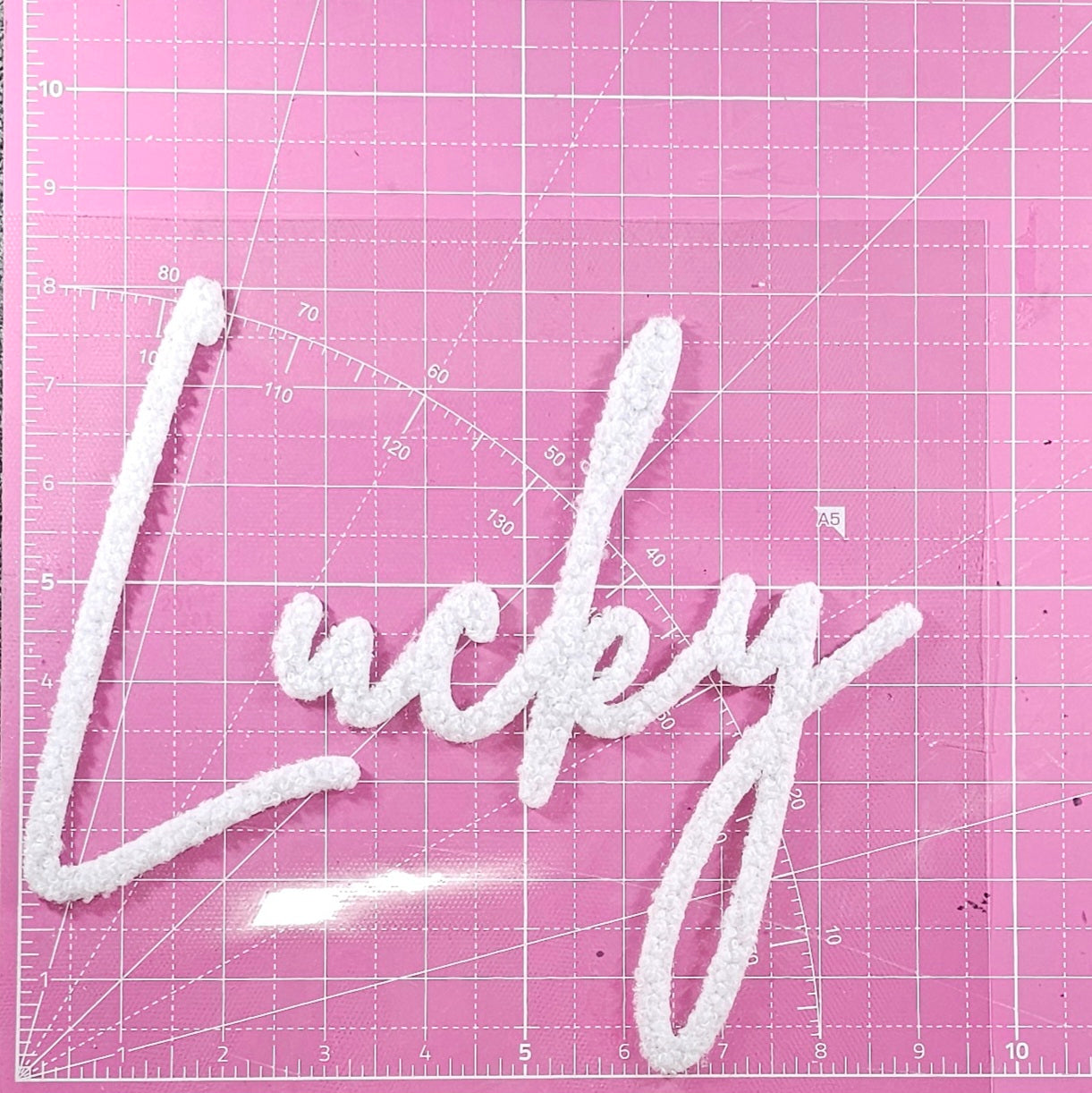 LUCKY Cursive White Fluffy Fuzzy Transfer Patch