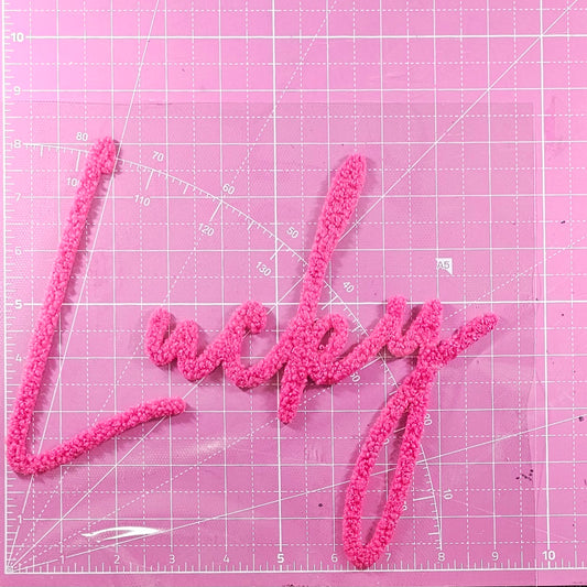LUCKY Cursive Pink Fluffy Fuzzy Transfer Patch