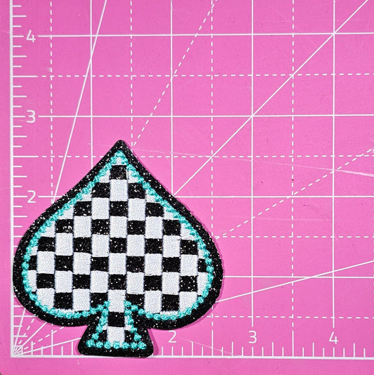 Spade Turquoise Checkered Western Embroidery Black Glitter Iron On Patch