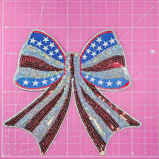 USA Flag Bow Patriotic Sequin Silver Glitter Large Iron On Patch