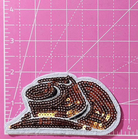 Brown Cowgirl Hat Western Sequin Iron On Patch