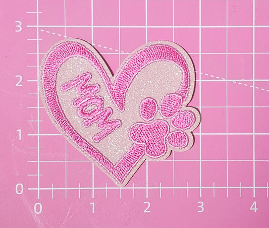 Animal Mom Pink Heart Embroidery Glitter Iron On Patch