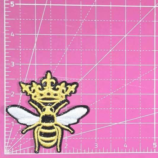 Bee Queen Embroidery Black Glitter Iron On Patch
