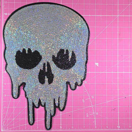 Skull Dripping Sequin on Black Glitter Large Iron on Patch