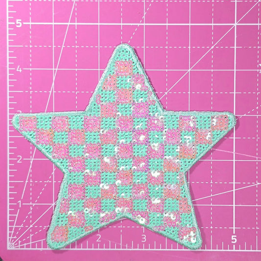 Checkered Star Green Pink Sequin Iron On Patch