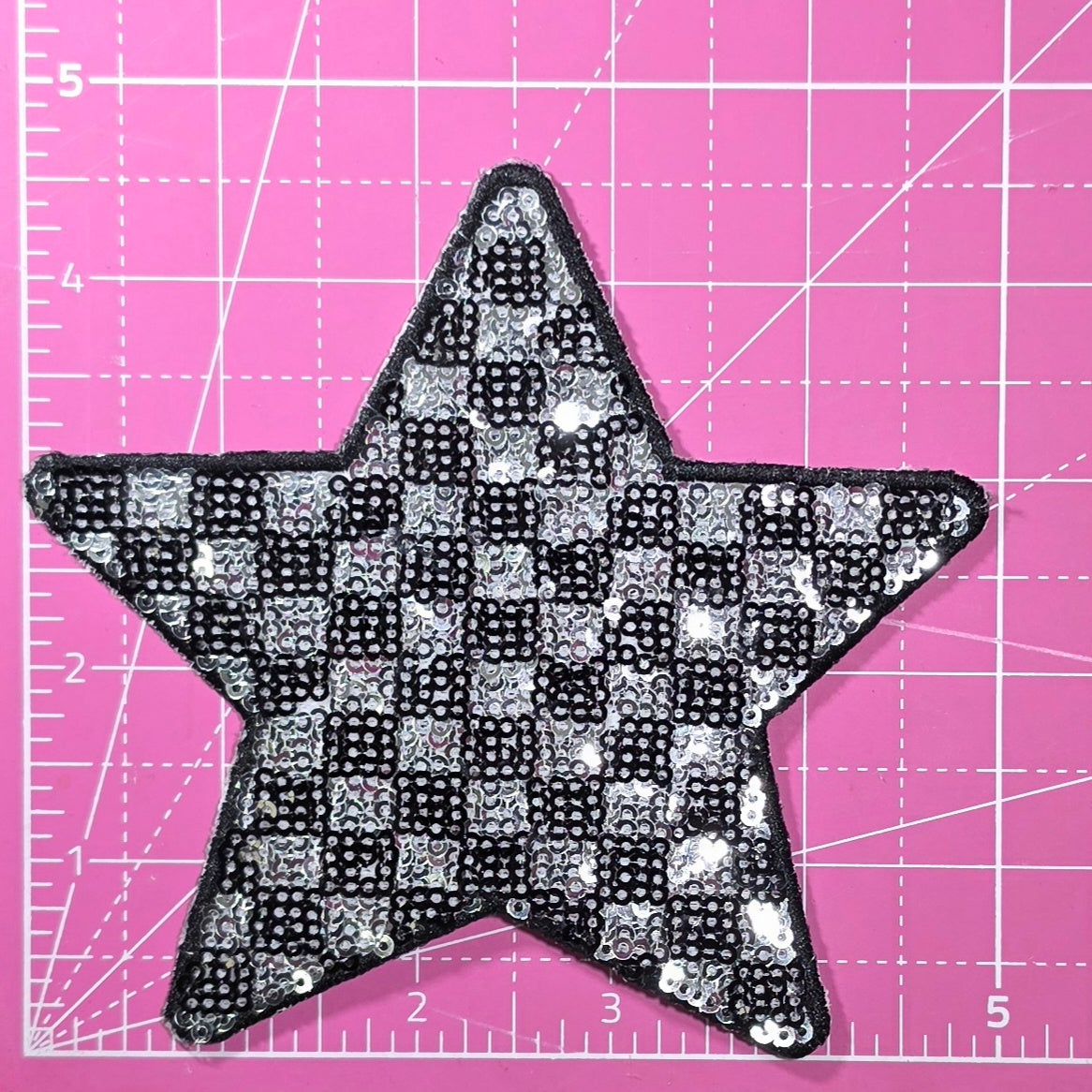 Checkered Star Black Silver Sequin Iron On Patch
