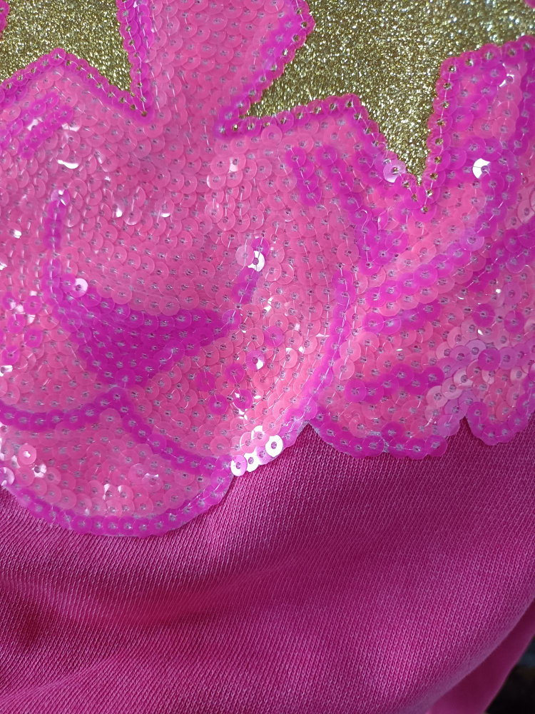 Hot Pink Tiger Mascot Sewn on Sequin Acid Wash Crew by Pretty Preppy Co.