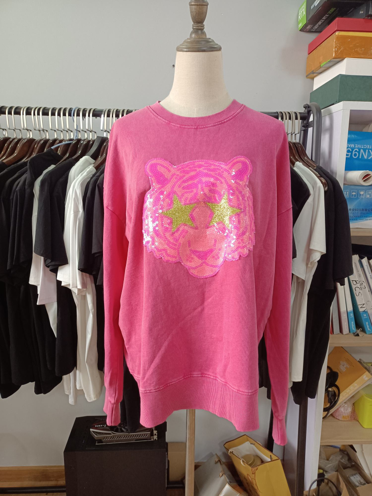 Hot Pink Tiger Mascot Sewn on Sequin Acid Wash Crew by Pretty Preppy Co.