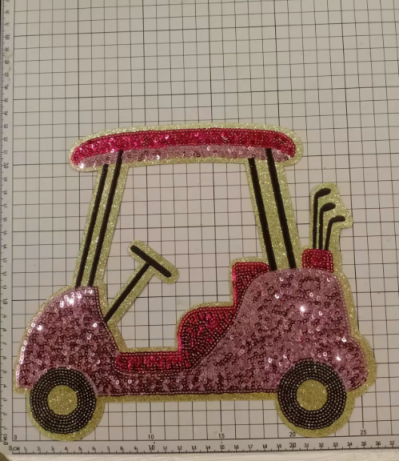 Hot Pink Golf Cart Sequin on Gold Glitter Iron On Patch