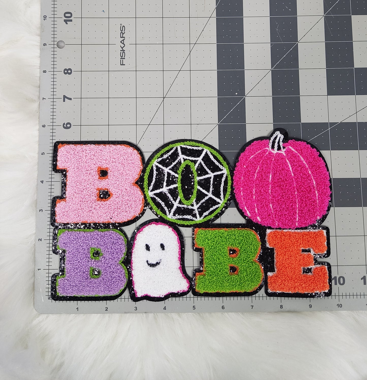 Large Boo Babe with Pumpkin and Ghost on Black Glitter Iron On Patch