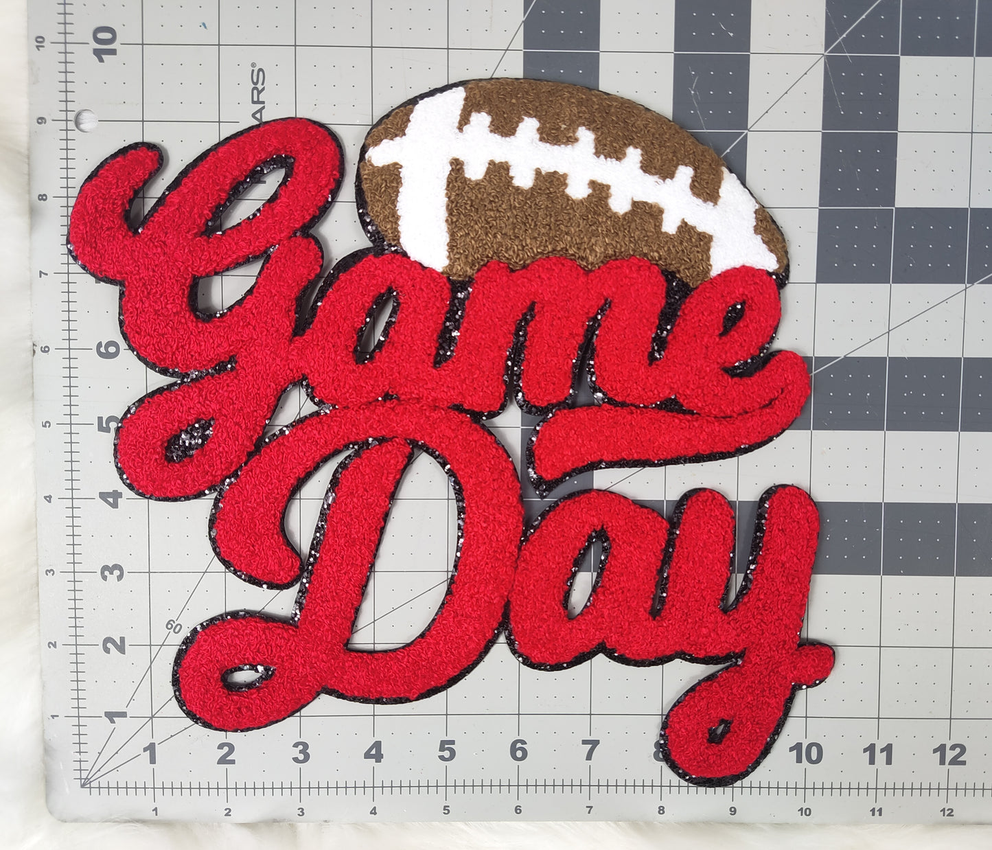 Large Red Football Game Day Chenille Iron-on Black Glitter Patch