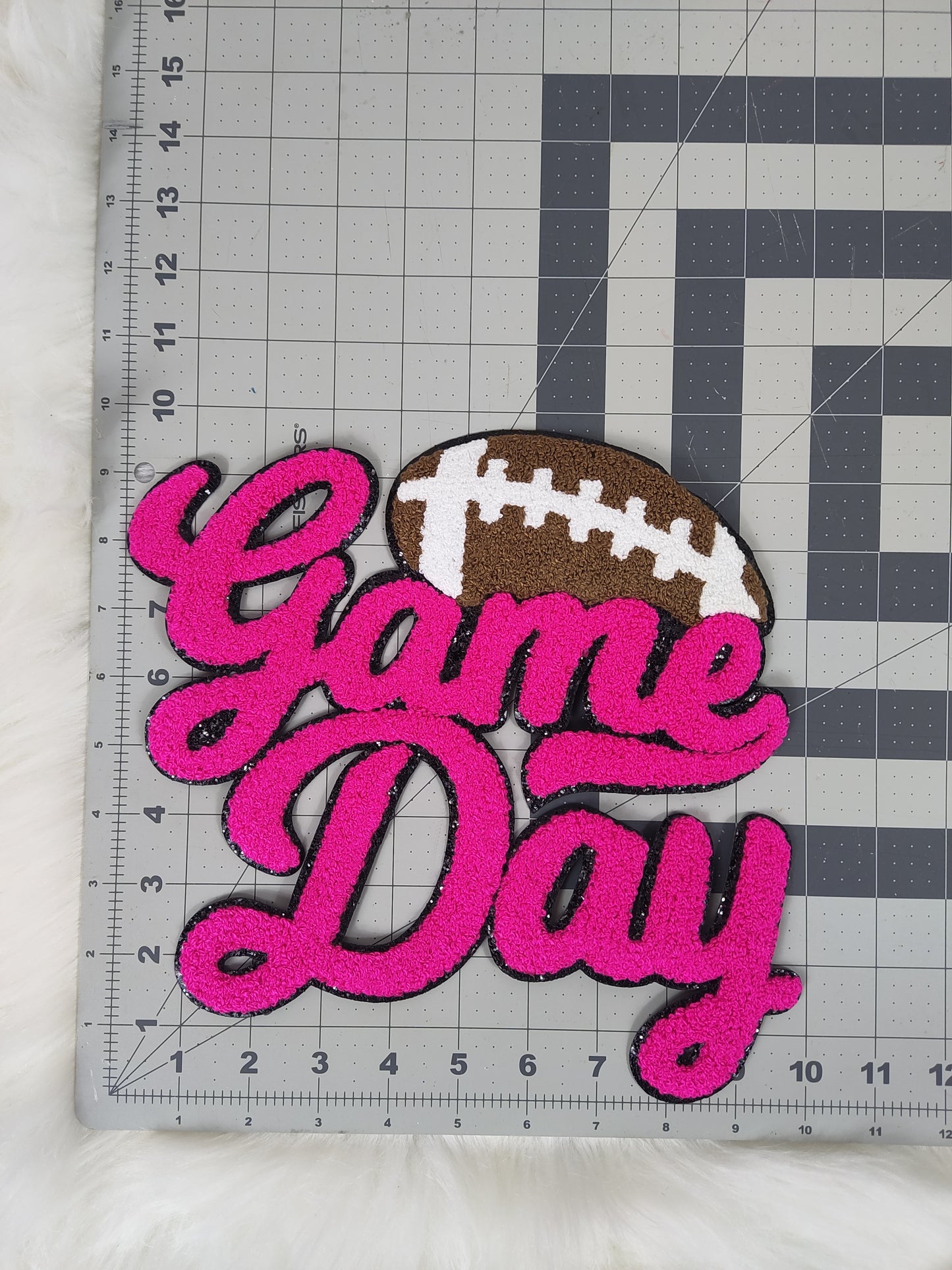 Large Pink Football Game Day Chenille Iron-on Black Glitter Patch