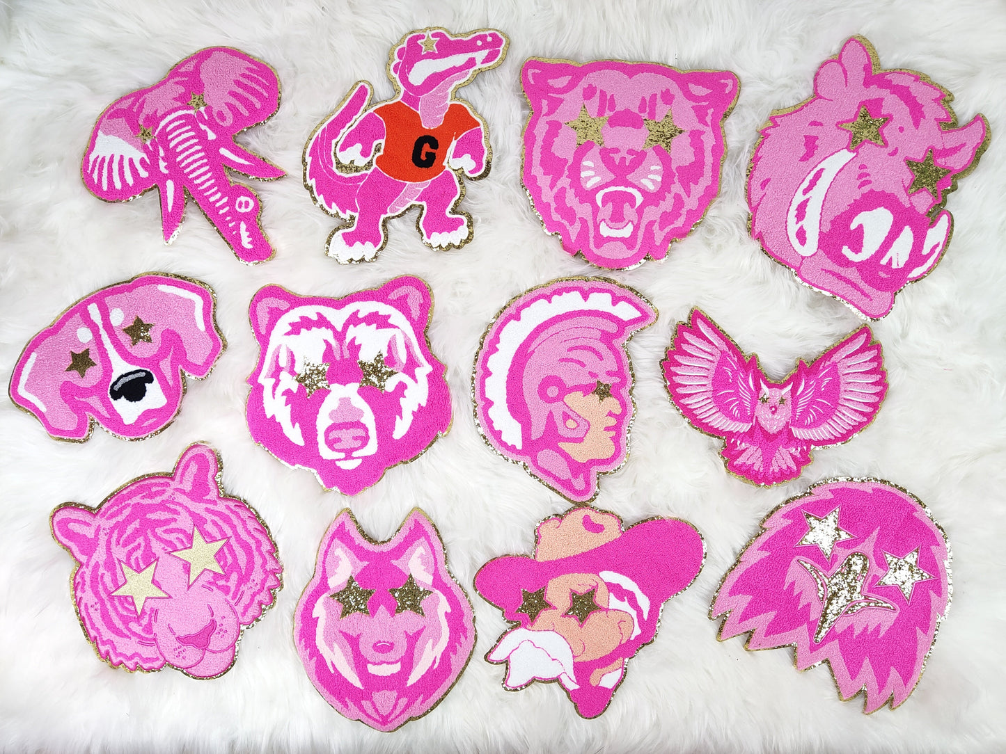 Hot Pink and White Lion Mascot with Star Eyes Large Chenille Iron-on Patch