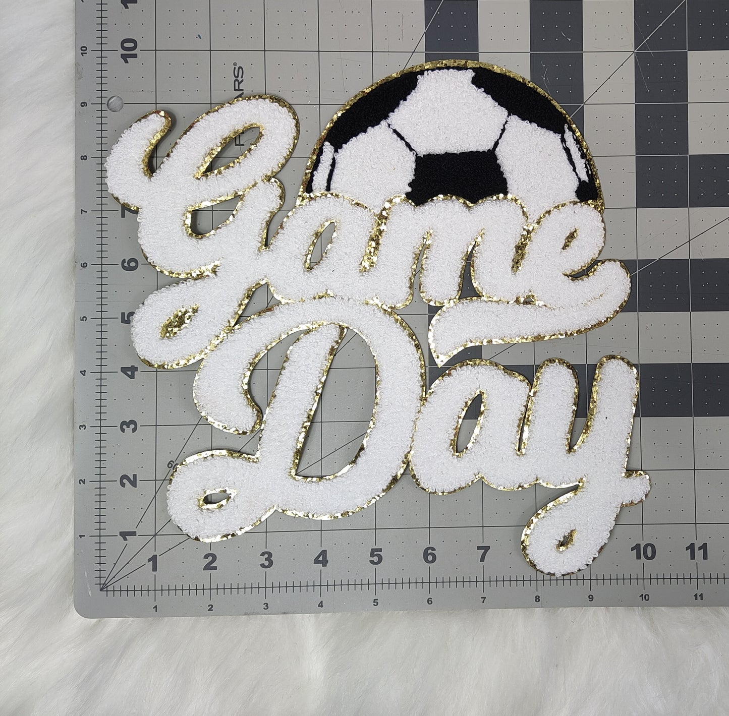 Large White Soccer Game Day Chenille Iron-on Glitter Patch