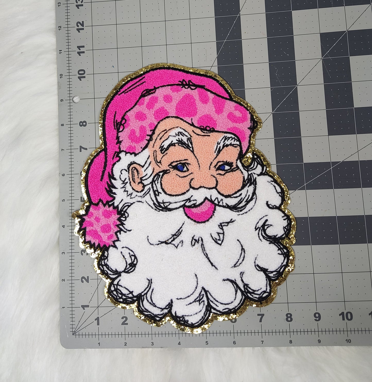 Hot Pink Santa with Boujee Cheetah Hat Large Chenille Iron-on Patch