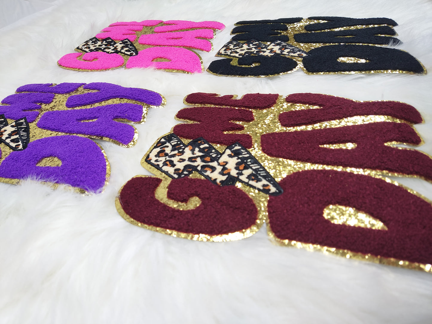Game Day Cheetah Lightning Bolt Large Chenille Gold Glitter Iron-on Patch